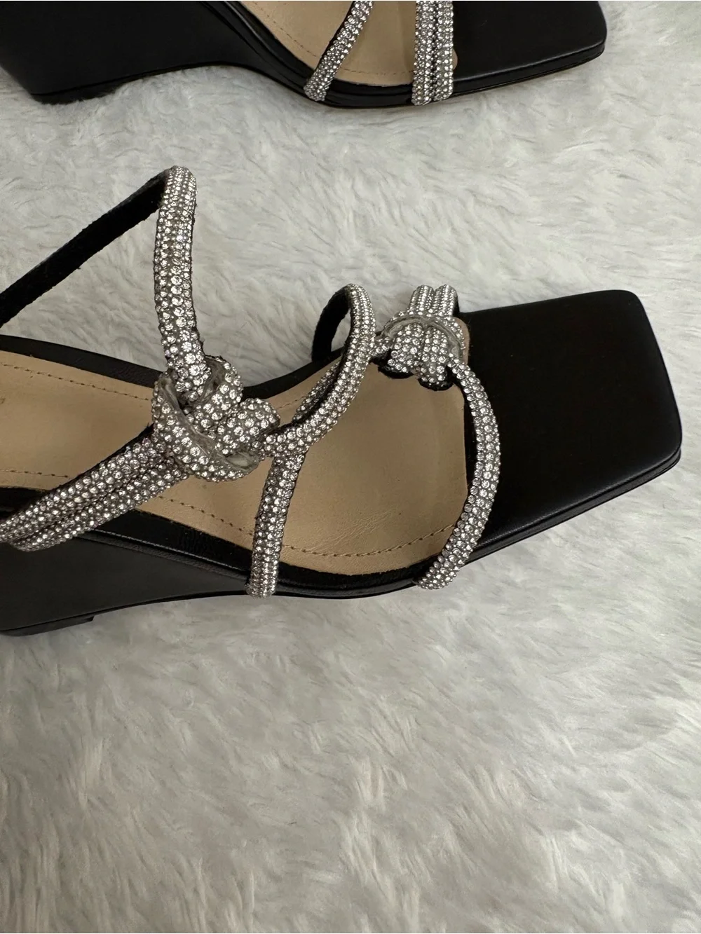 SCHUTZ Black Wedge Sandals with Silver Rhinestone Knot Straps